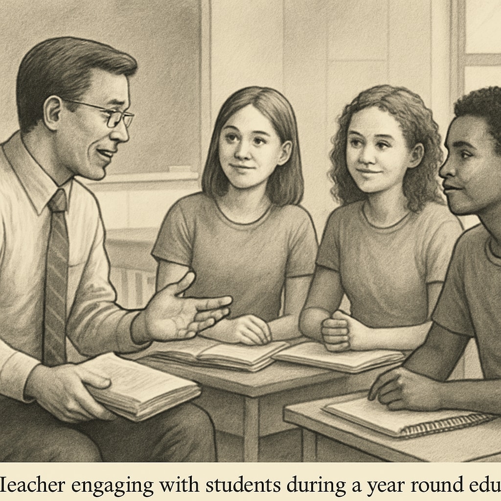 A teacher discussing learning strategies with students during a break in a year-round education schedule, emphasizing collaboration and retention. Teacher discussing strategies with students during year-round education break.