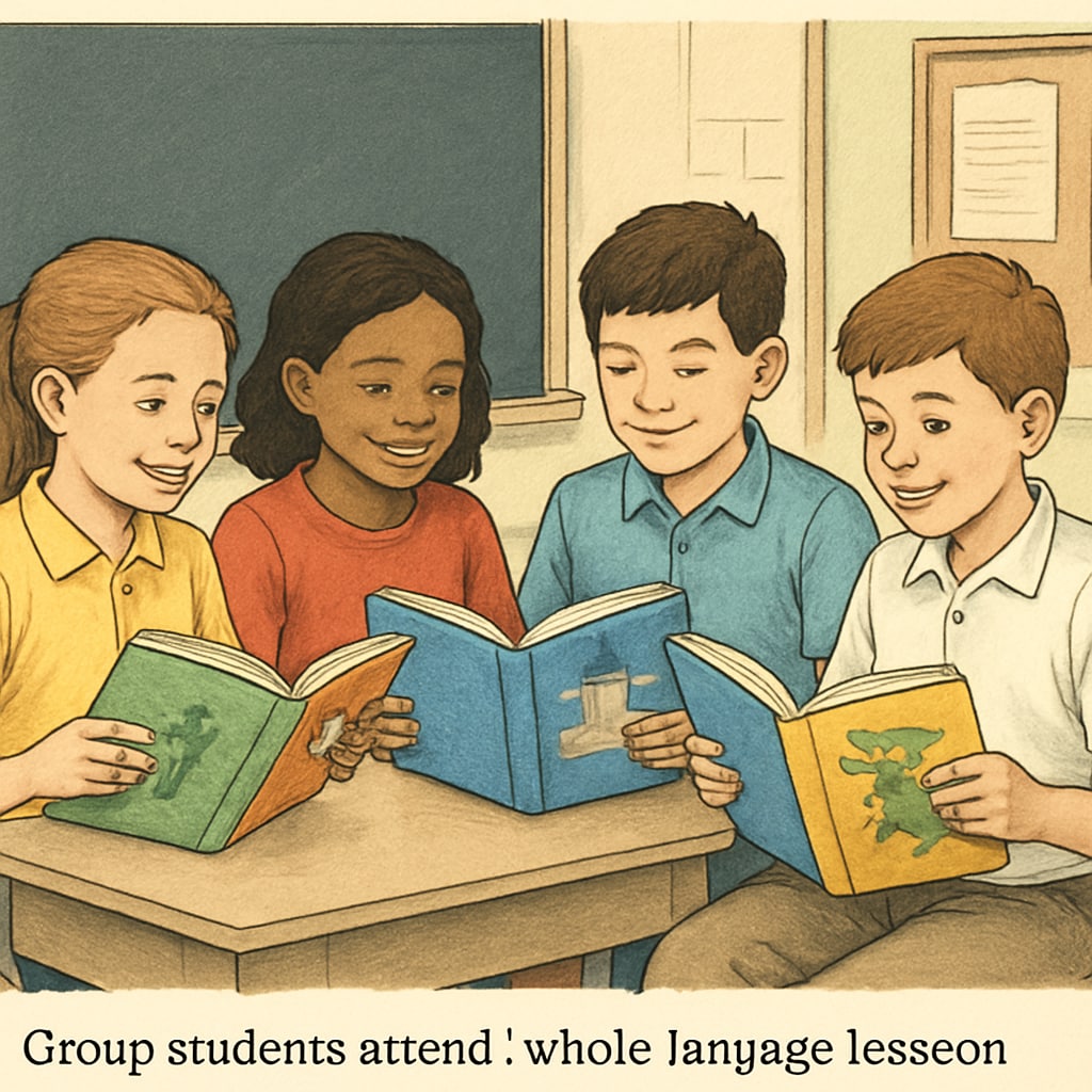 A group of students actively engaged in reading storybooks during a whole language session. Students exploring contextual reading during a whole language lesson.