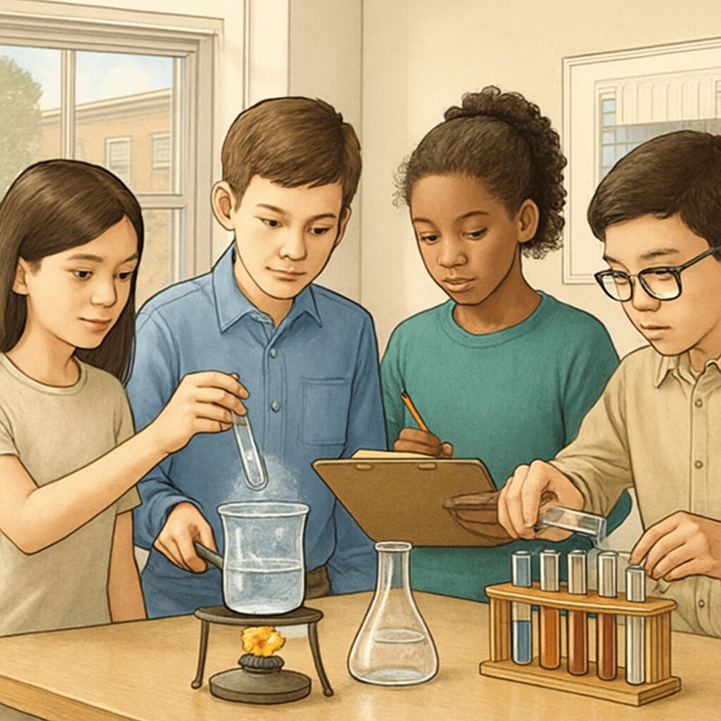 Gaza students performing science experiments in a classroom.