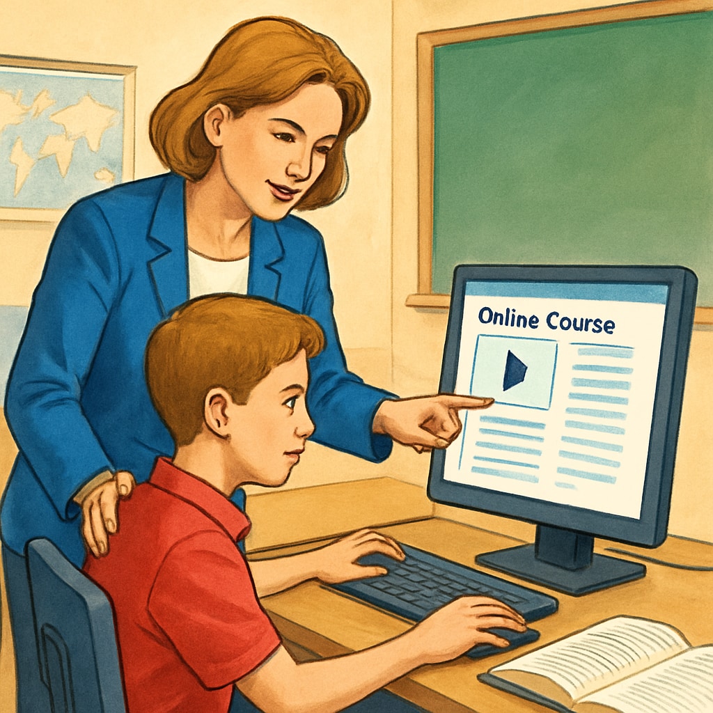 A teacher helping a student with online coursework for credit recovery. Teacher assisting a student with online learning for high school credit recovery.