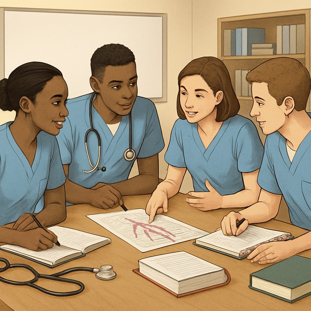 Nursing students gathered around a table, collaborating on a group project. Nursing students working together in a study group, discussing patient care.