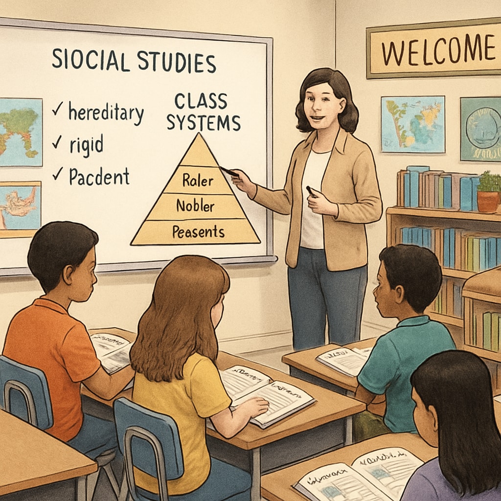 A sixth-grade social studies classroom with textbooks open to a section on class systems. The image should show students engaging with textbooks or a teacher explaining historical class systems. Sixth-grade classroom discussing social studies and class systems