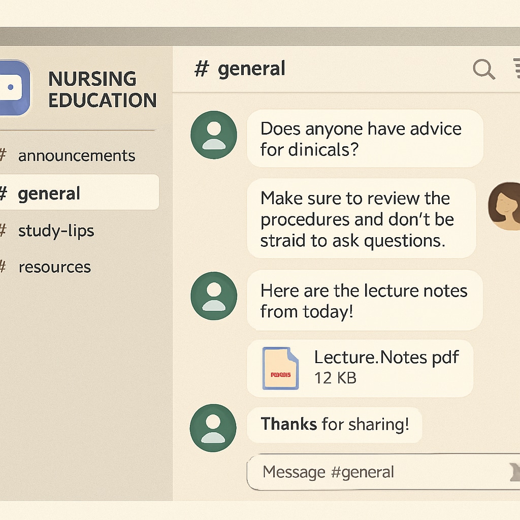 A screenshot of an active Discord channel with discussions related to nursing education and shared resources. Discord channel screenshot showing nursing students sharing study materials.