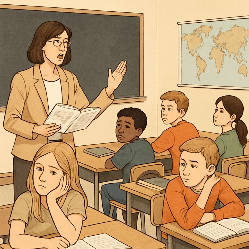A classroom environment showing disengaged students and a teacher attempting to engage them. Disengaged students in a classroom, representing the concept of student boredom.