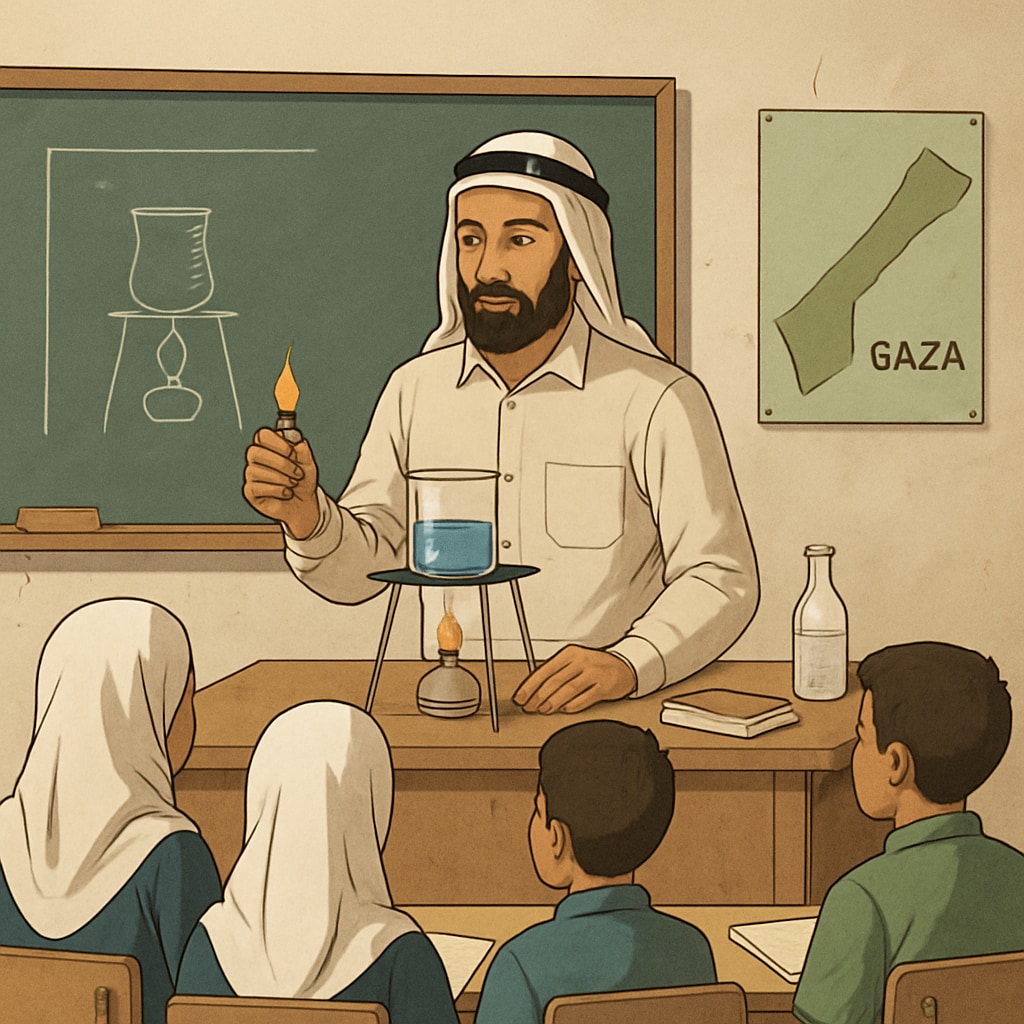 A teacher conducting a science experiment in a resource-constrained classroom in Gaza. A teacher demonstrating a science experiment to students in a Gaza school.
