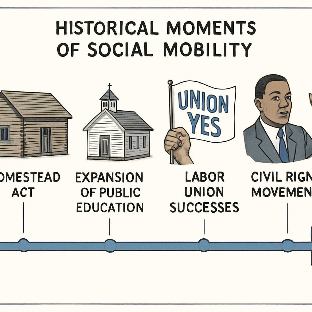 A visual timeline depicting historical moments of social mobility, such as the Civil Rights Movement and labor union successes. The image should highlight key milestones of societal change. Timeline showcasing historical examples of social mobility