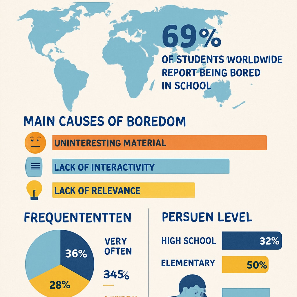 An infographic displaying global statistics on student boredom in K12 education systems. Infographic on global student boredom statistics in education.