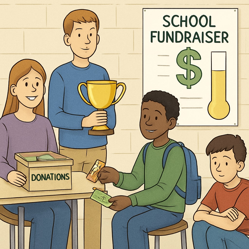 A group of students participating in a school fundraising activity, with visible differences in privileges based on their contribution levels. Students participating in school fundraising with tiered privileges based on contributions.