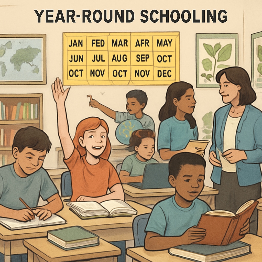 Students learning in a classroom as part of a year-round school schedule to improve knowledge retention.