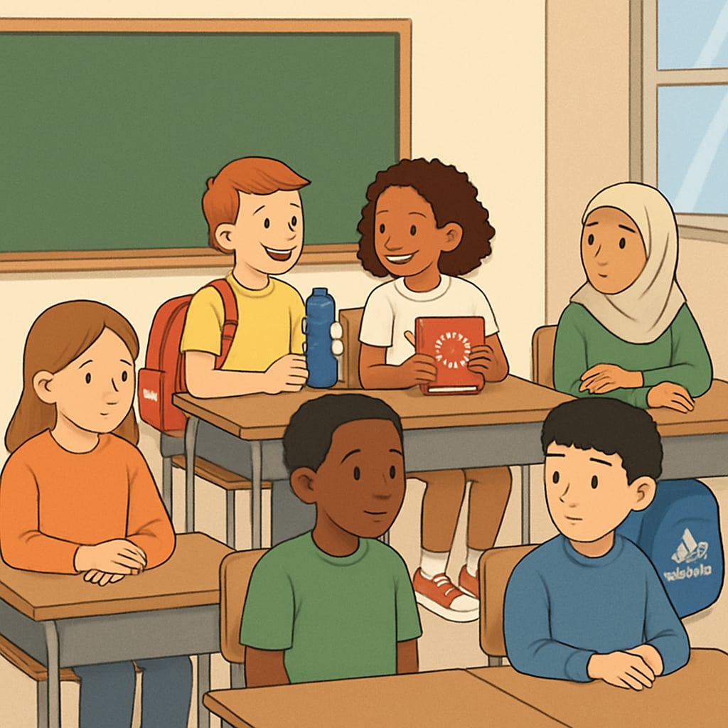 A classroom setting where some students visibly enjoy exclusive perks, such as branded merchandise, while others appear excluded. Classroom scene showing disparities in rewards from school fundraising tiers.