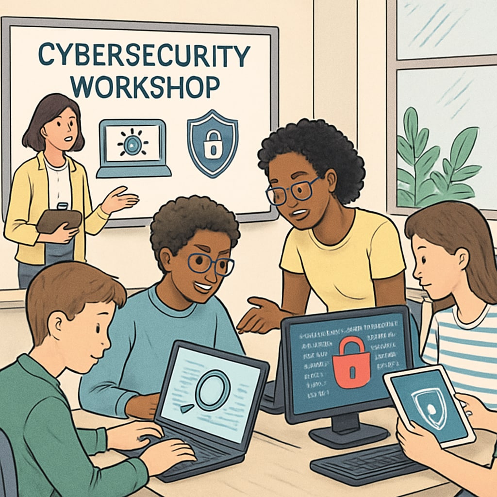 A group of students attending a cybersecurity workshop, showcasing hands-on learning experiences. Students engaged in a cybersecurity workshop, focusing on practical skills for network security careers.