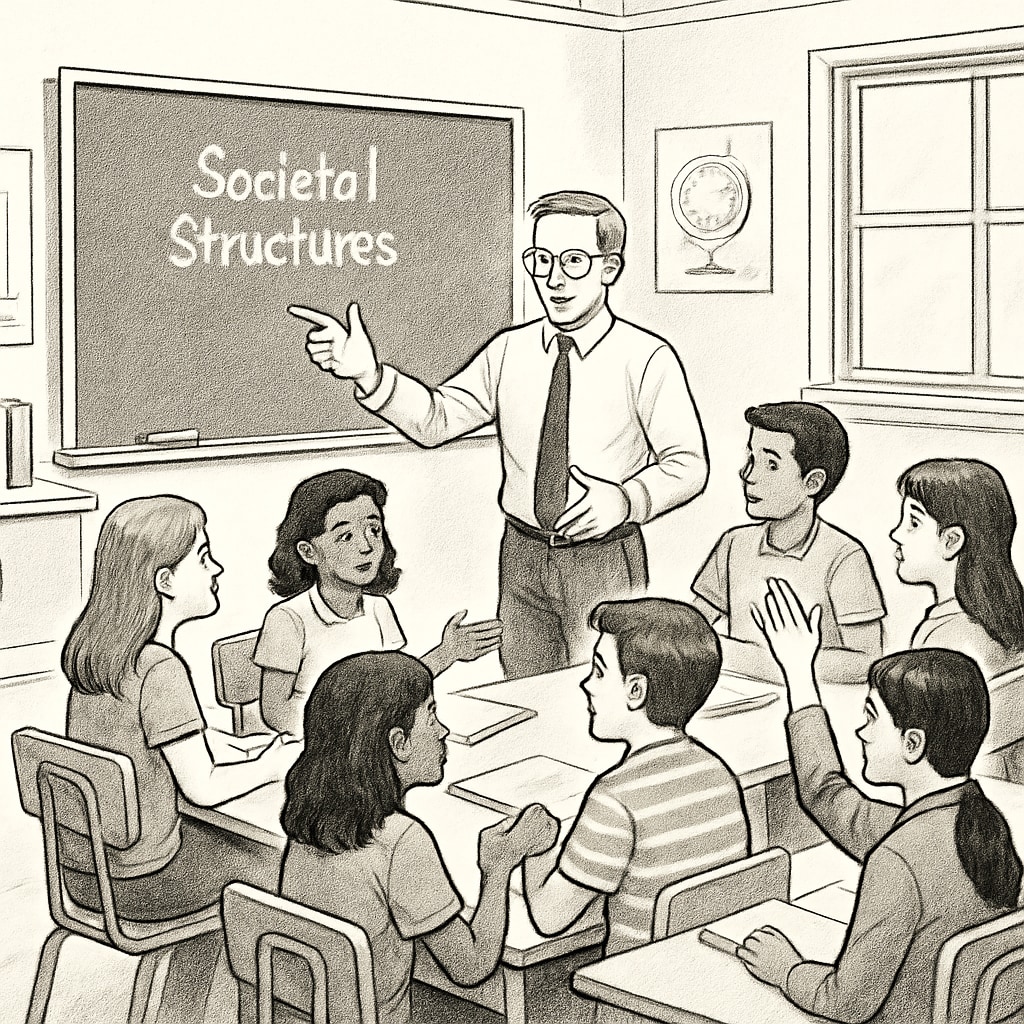 A teacher discussing social mobility with students, emphasizing objectivity and critical thinking.