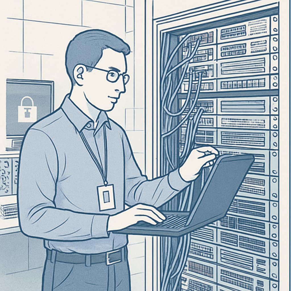 A cybersecurity expert working on a server, representing technical expertise gained through practical training. Cybersecurity expert demonstrating technical skills, emphasizing the importance of hands-on learning.