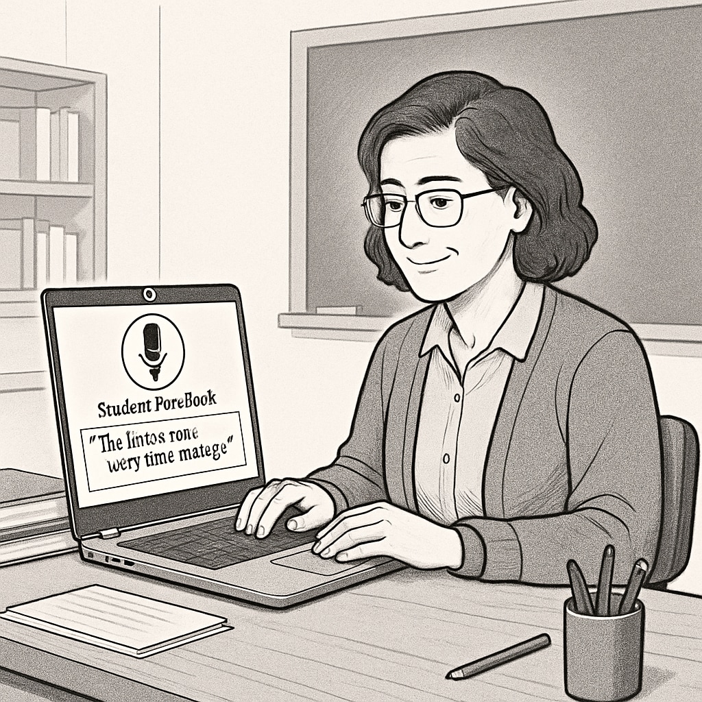 A teacher using a speech-to-text application on their laptop to transcribe student feedback. The image conveys how modern technology simplifies teachers' documentation tasks. Teacher using speech-to-text technology to enhance work efficiency and reduce administrative tasks.