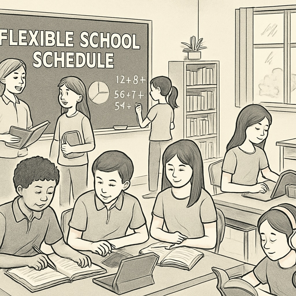A classroom with students engaged in activities during a non-traditional school schedule. Students participating in year-round learning activities in a modern classroom setting.
