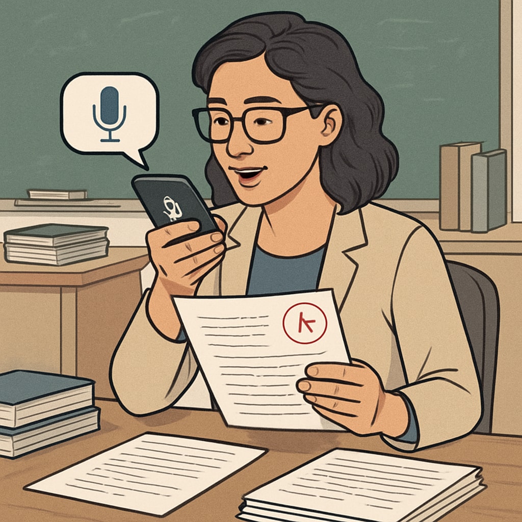 A teacher dictating feedback into a speech-to-text app while reviewing student assignments. The image highlights the practical use of speech-to-text in grading and feedback. Teacher dictating feedback using a speech-to-text app to save time on administrative tasks.