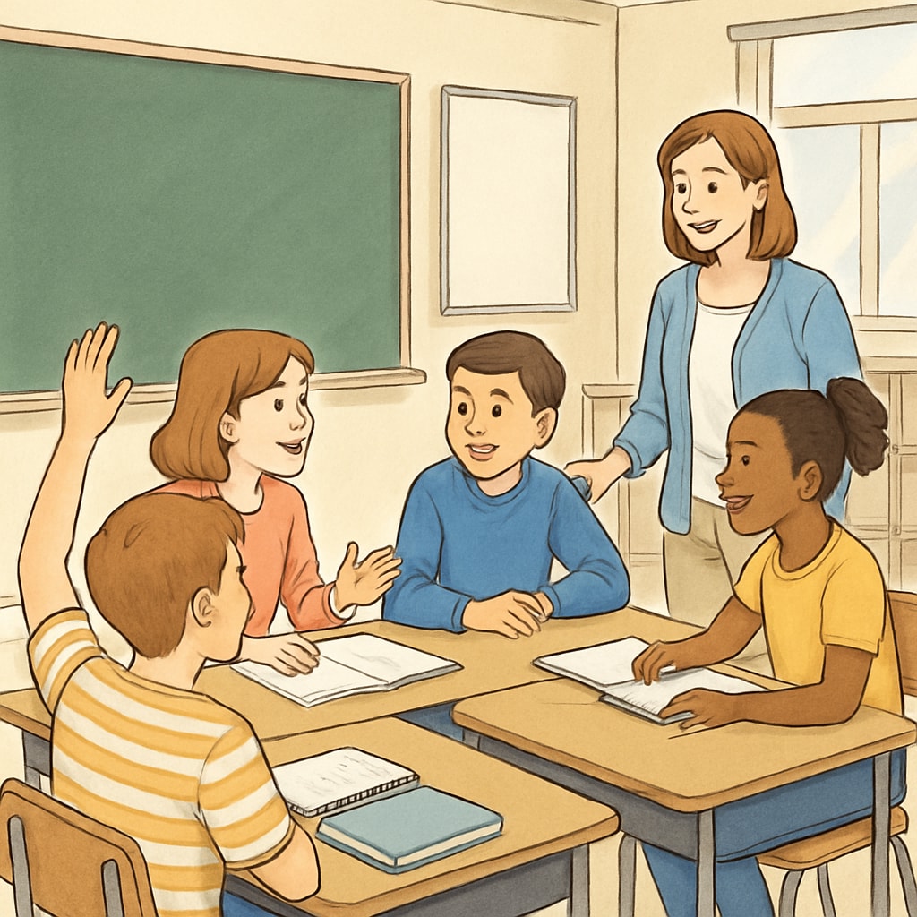 A classroom with students engaged in discussion and actively participating in a group activity, representing collaborative and dynamic learning environments. Students in a classroom collaborating, showcasing dynamic learning metrics.