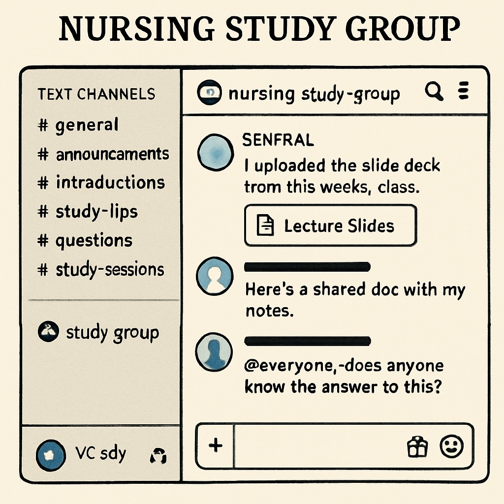 Discord server layout tailored for nursing study groups.