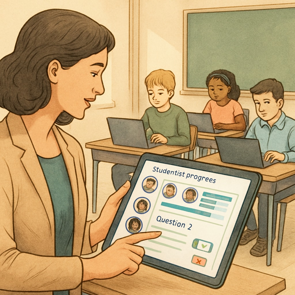 A teacher using a tablet to monitor students' progress on a digital learning platform, highlighting real-time understanding and feedback as essential components of modern assessments. Teacher utilizing technology for real-time learning evaluations.