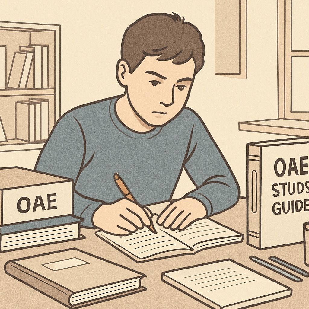 A focused student sitting at a desk surrounded by OAE study materials, showcasing preparation strategies. Student preparing for the OAE exam with study materials
