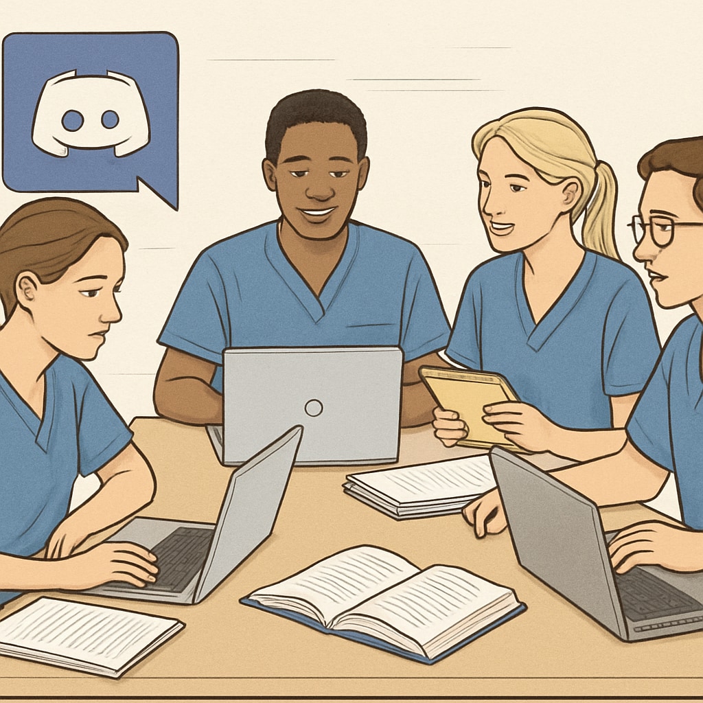 A group of nursing students collaborating on a Discord study group, with laptops and notes visible. Nursing students using a Discord study group to share notes and prepare for exams.