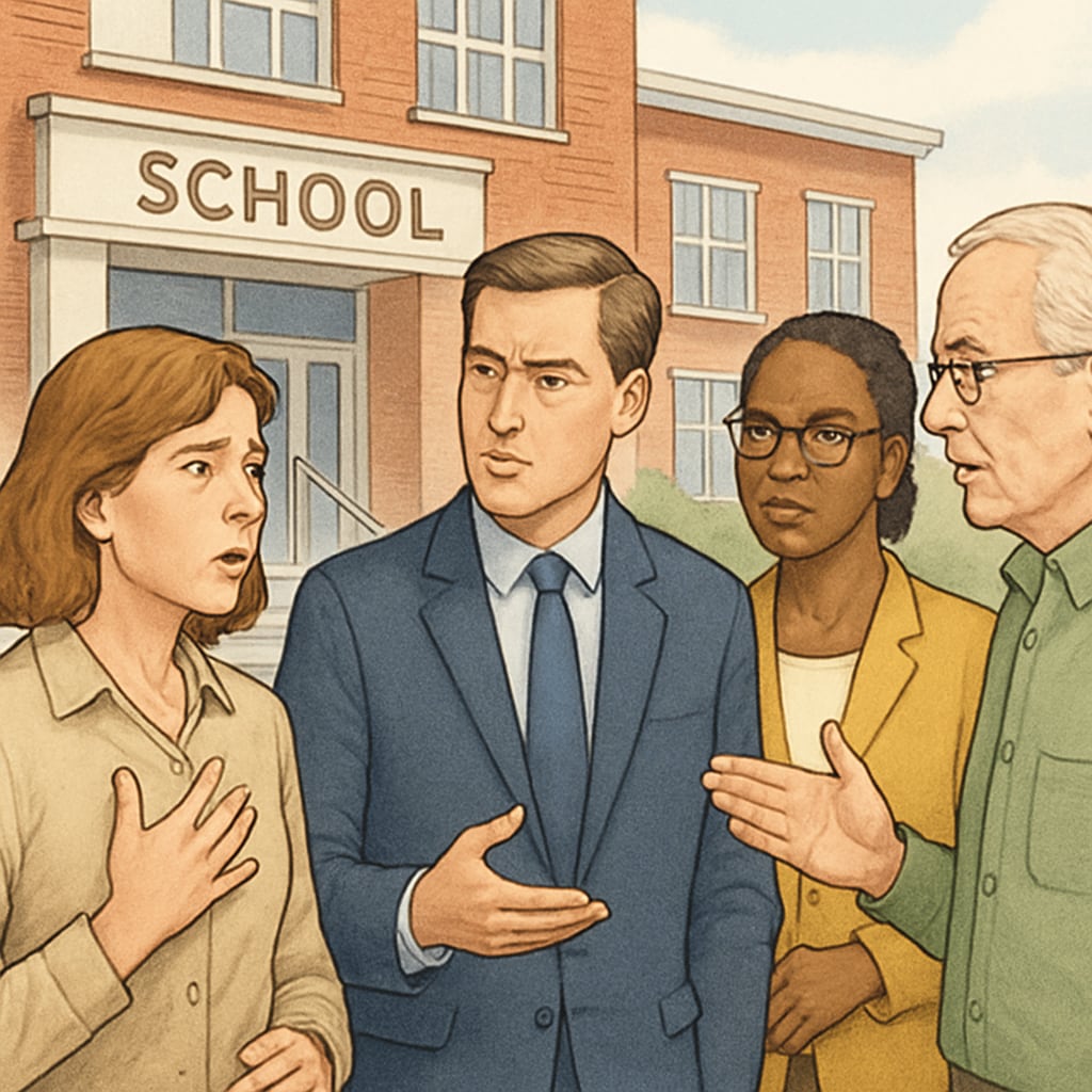 A concerned parent standing outside a school, discussing governance issues with fellow community members. Parent discussing concerns about school board governance outside a school.
