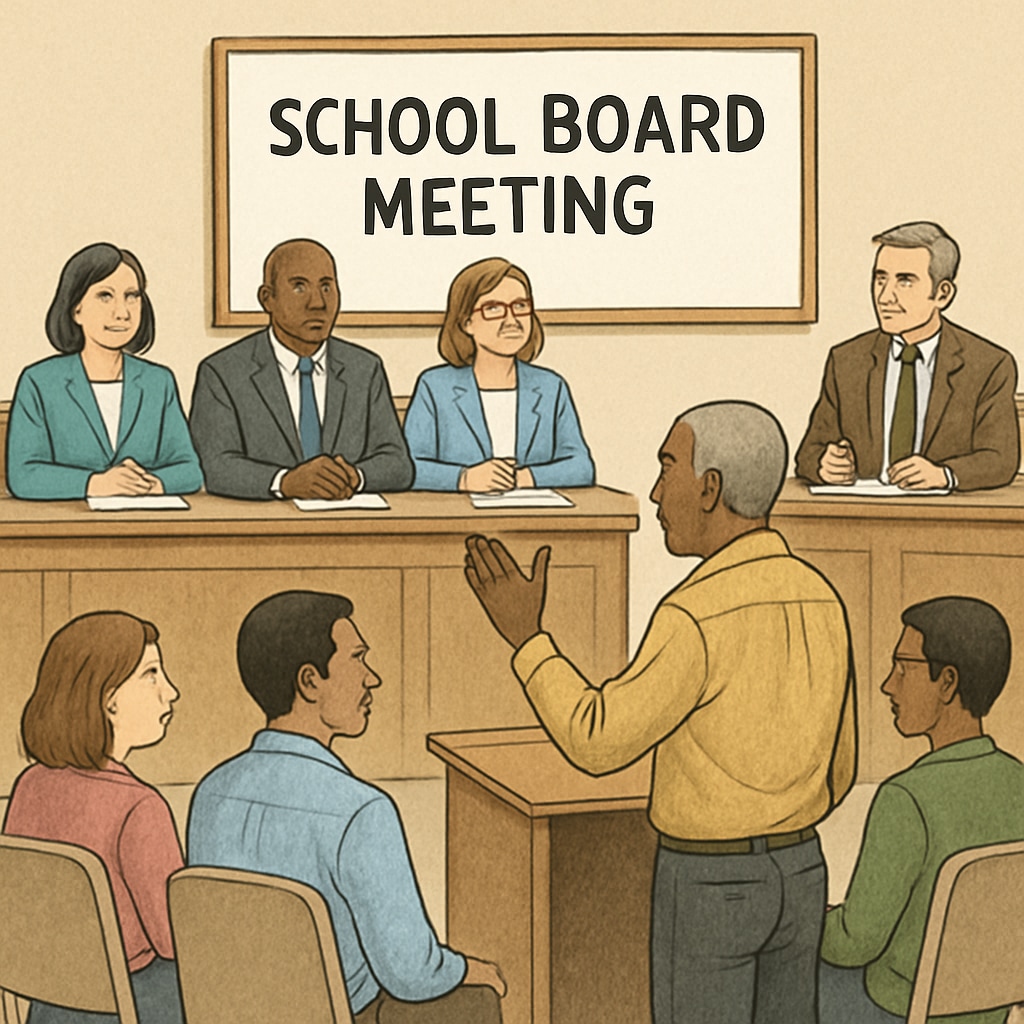 A school board meeting in progress, highlighting community members addressing governance concerns. Community members addressing school board governance concerns during a meeting.