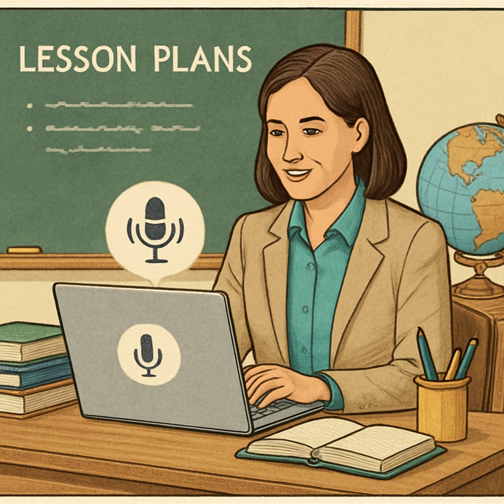 A teacher using a speech-to-text tool on a laptop to draft lesson plans, showcasing the technology in a classroom setting. Teacher drafting lesson plans using WillowVoice speech-to-text technology