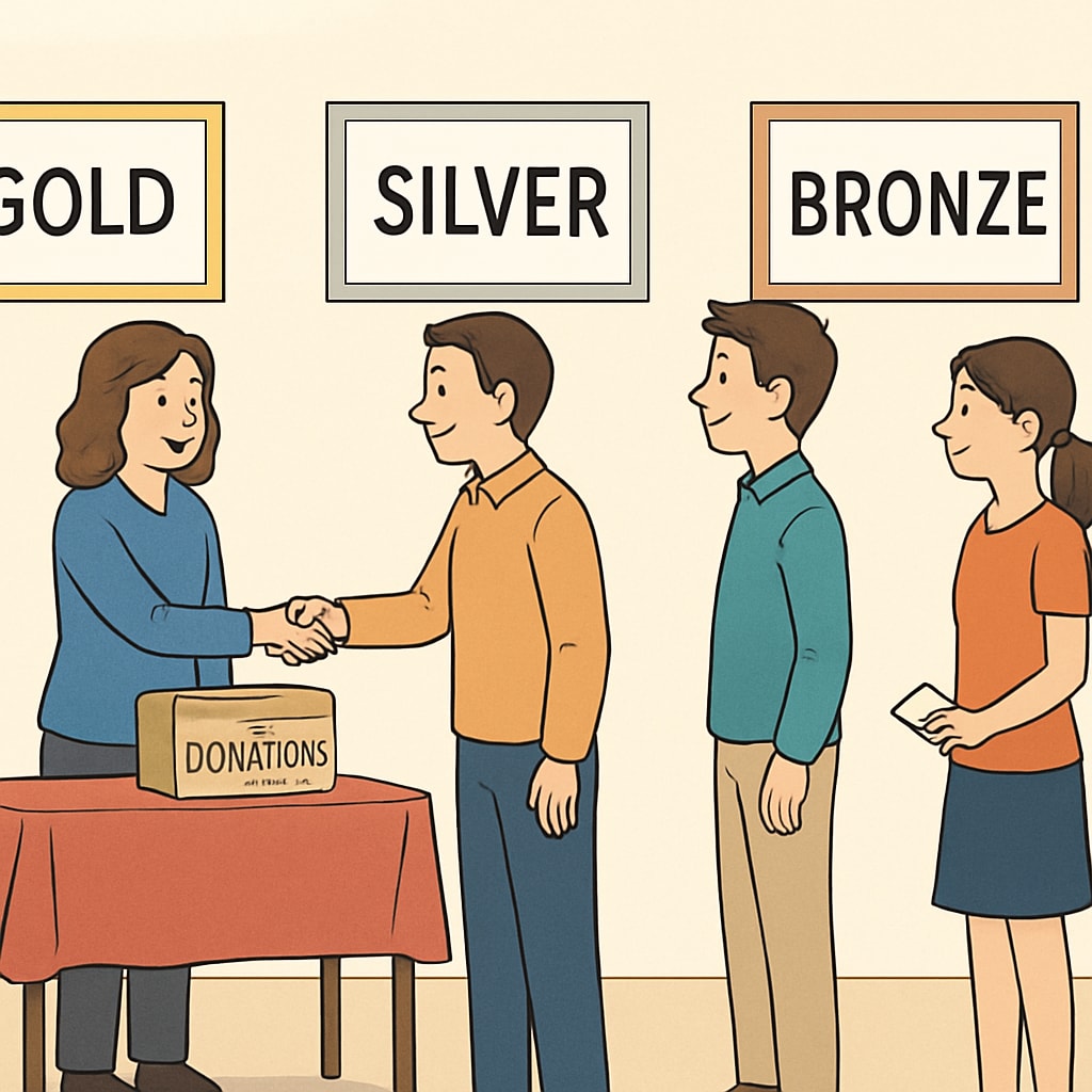 A fundraising event featuring visible donation tiers with labels such as A fundraising event highlighting economic differences through donation tiers.