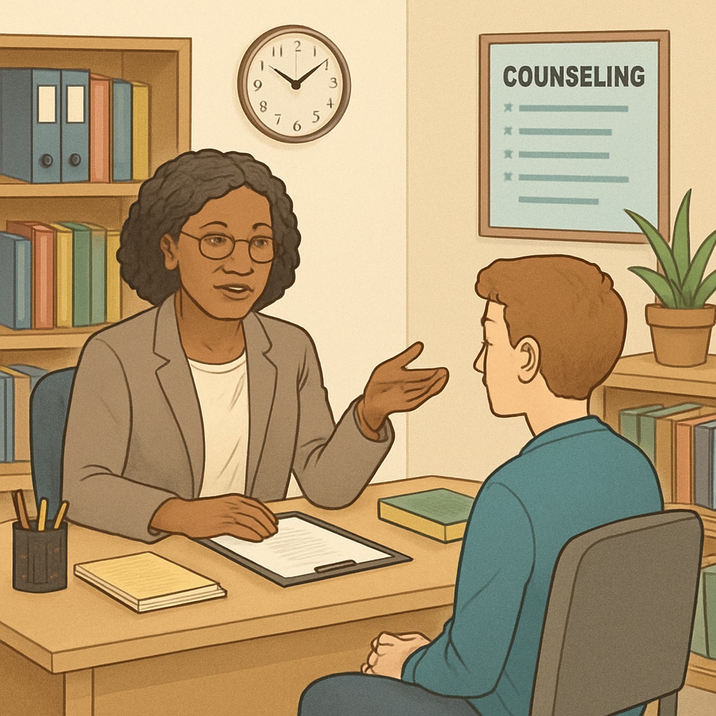 A professional school counselor sitting in an office, speaking with a student to demonstrate counseling in practice. School counselor speaking with a student in an office environment