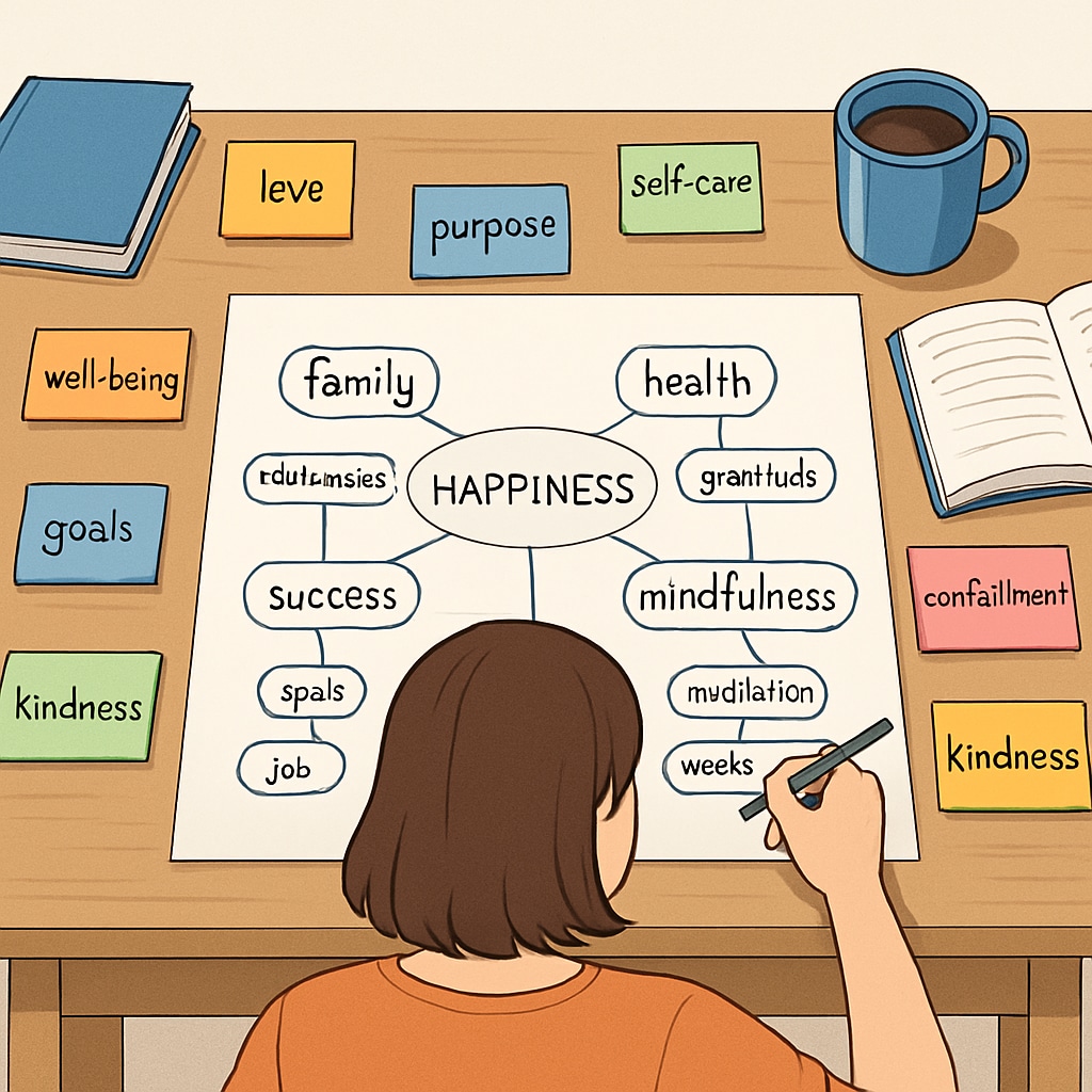 A student brainstorming ideas about happiness as part of a philosophy project.