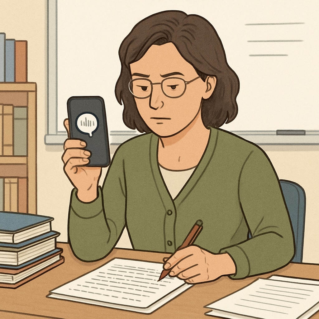 A teacher reviewing student work and dictating feedback using a mobile device equipped with speech-to-text software. Teacher dictating feedback with WillowVoice speech-to-text software