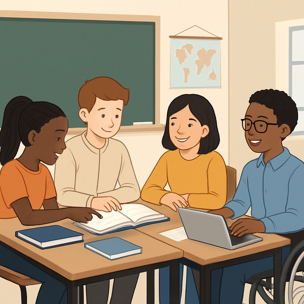 A diverse classroom where students collaborate equally, symbolizing educational equity. A classroom scene emphasizing inclusivity and equality among students.