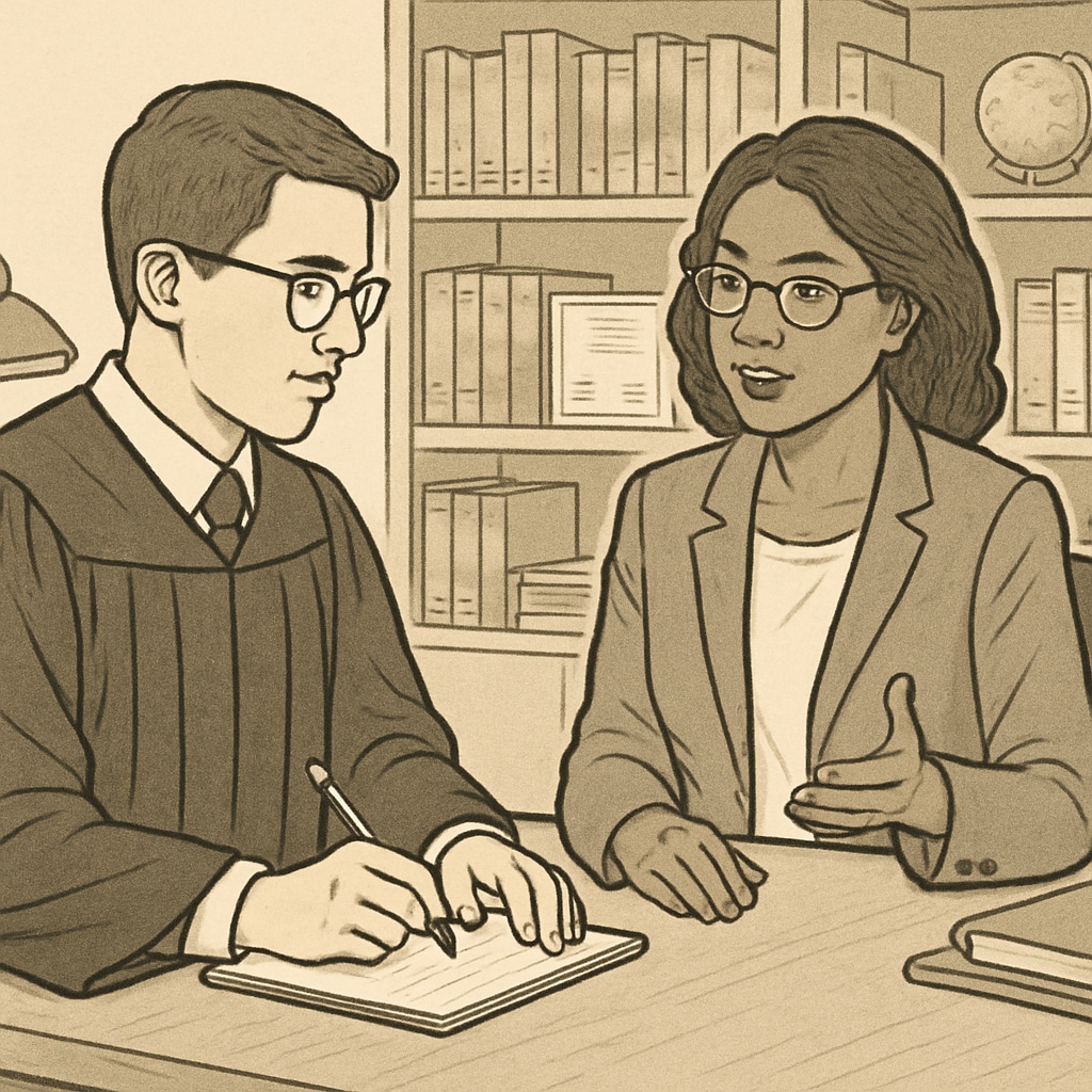 A graduate student sitting at a table with a school counselor, taking notes during an interview session. Graduate student interviewing a school counselor and taking notes