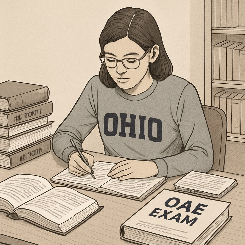A dedicated Ohio student studying for the OAE exam at a desk with textbooks and notes. Ohio student studying for OAE exam with textbooks and notes