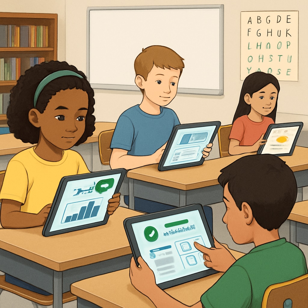 A classroom with students using tablets and an AI-powered learning platform, showcasing personalized learning in practice. AI-powered learning platform in a classroom setting.