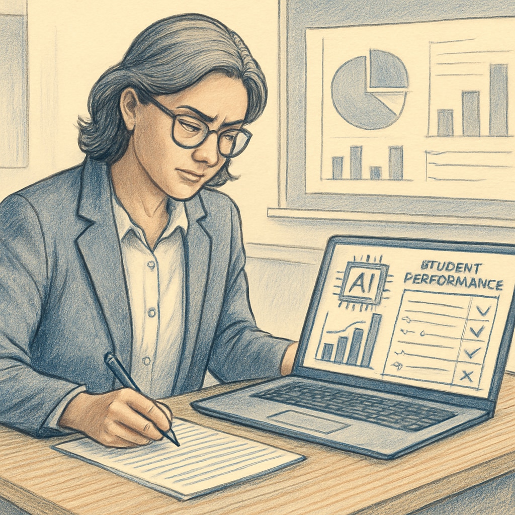 A teacher reviewing AI-generated analytics on student performance, emphasizing intelligent assessment tools. Teacher analyzing AI-generated student performance data.