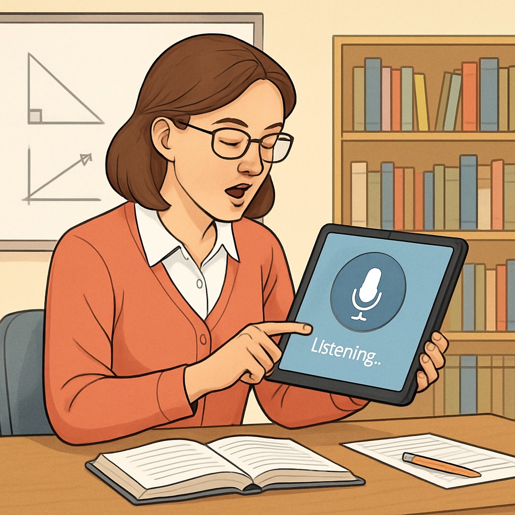 An educator dictating classroom notes using a speech recognition app on a tablet. The image highlights the ease of using technology in a classroom setting. Educator using speech recognition technology to transcribe classroom notes.
