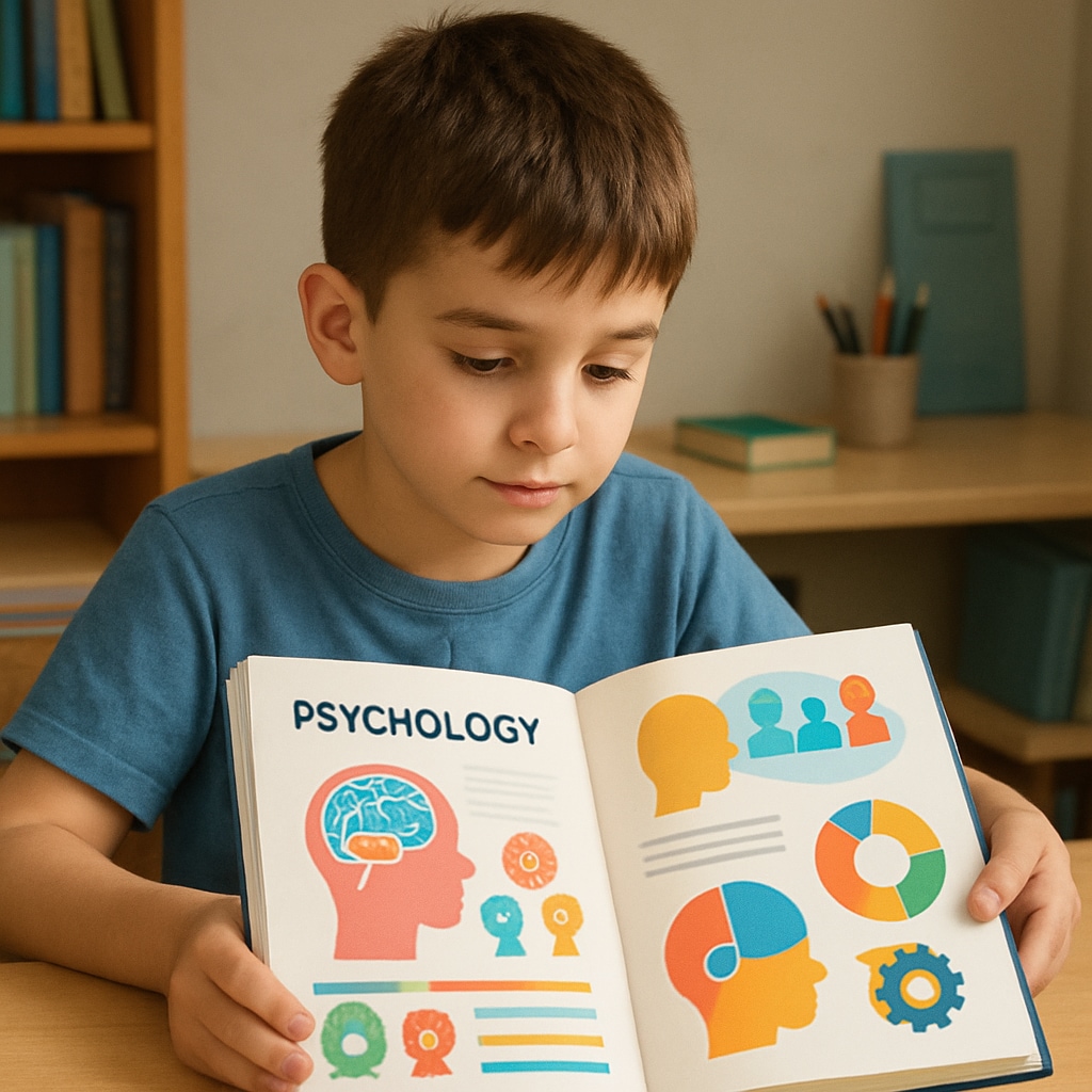 A young student reading a psychology book with colorful illustrations, symbolizing accessible learning resources for beginners. Student reading a psychology book for self-learning