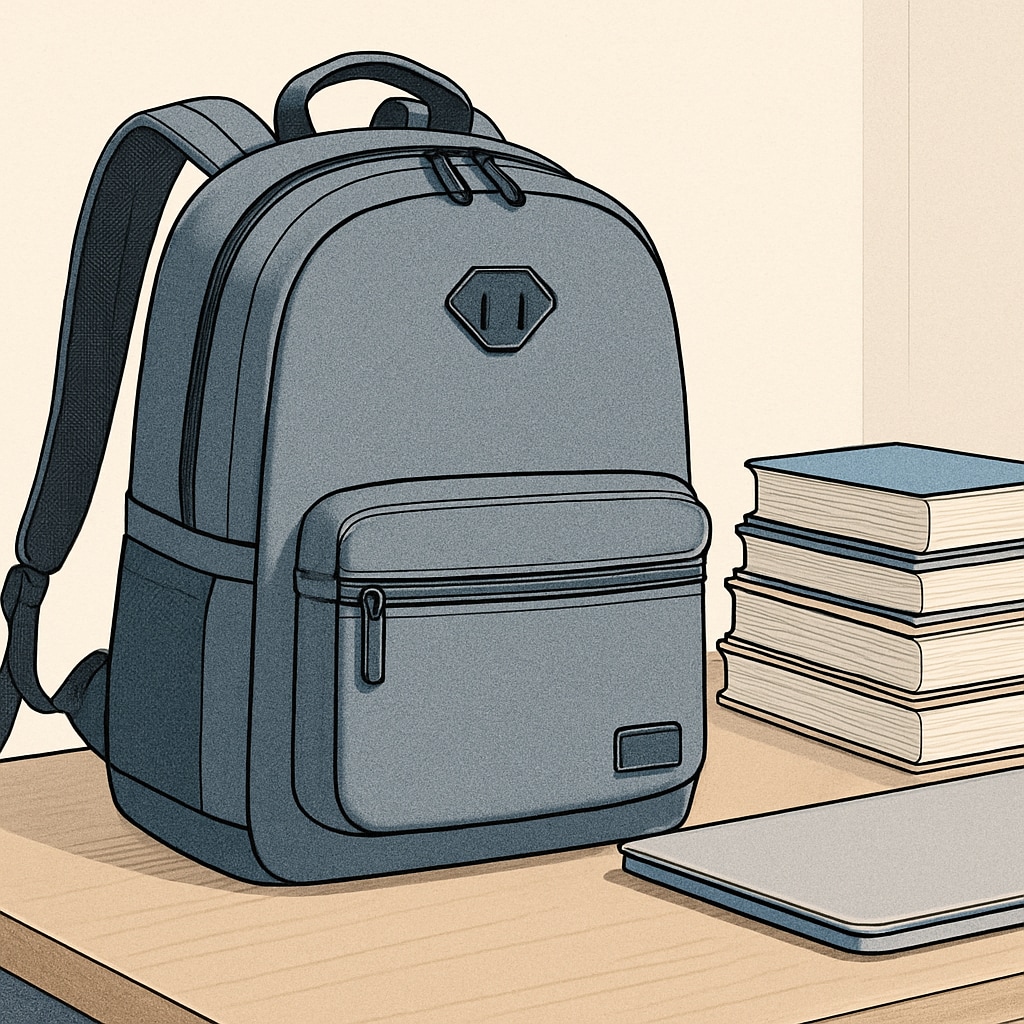 A modern, spacious college backpack placed on a desk with books and a laptop. Modern college backpack showcasing affordability and spaciousness.