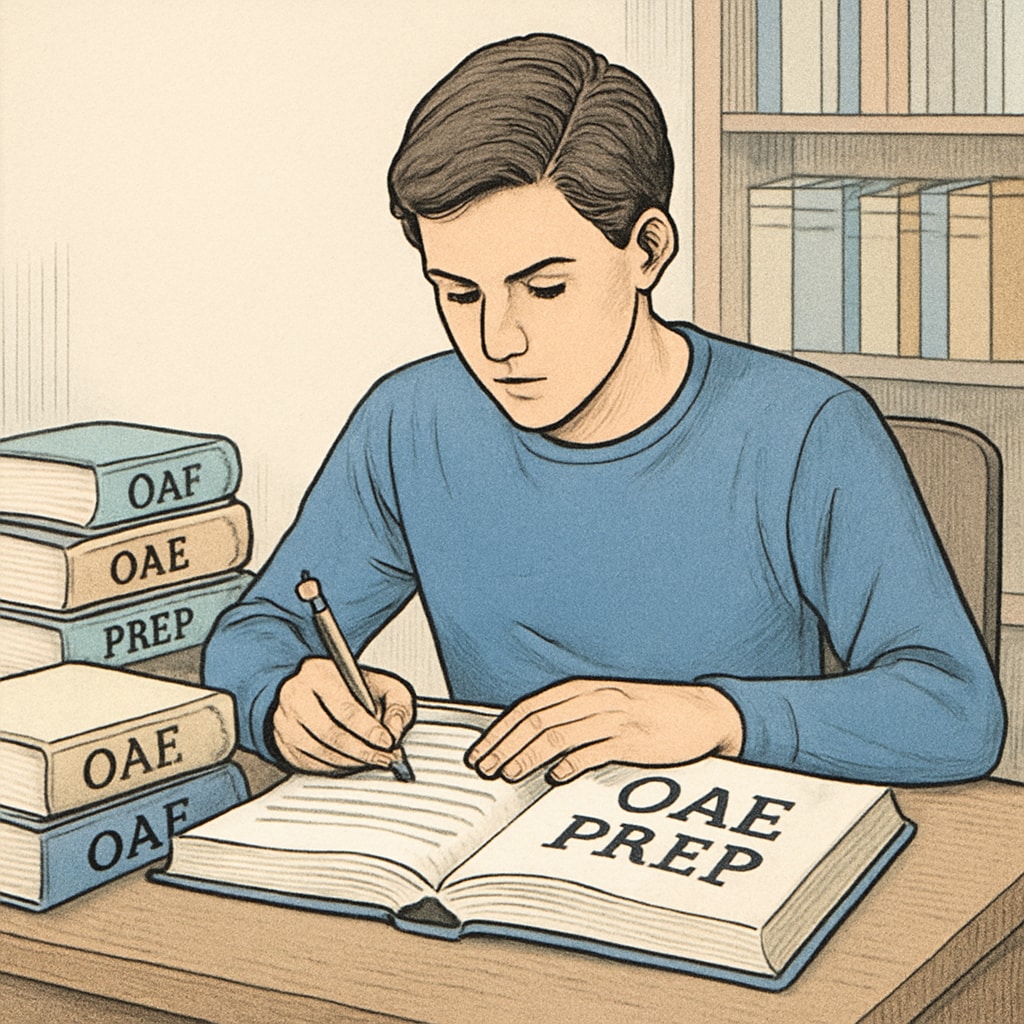 A person studying with OAE prep books at a desk, symbolizing exam preparation. OAE test preparation resources on a desk.