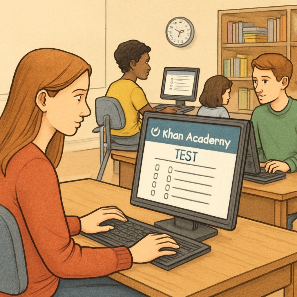 Students actively using an online educational platform like Khan Academy, showcasing a test interface. An image showcasing K12 students using online test resources.