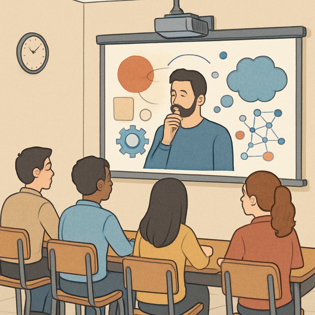 A group of students watching an educational video about philosophy concepts, representing interactive tools for learning. Students watching a philosophy educational video