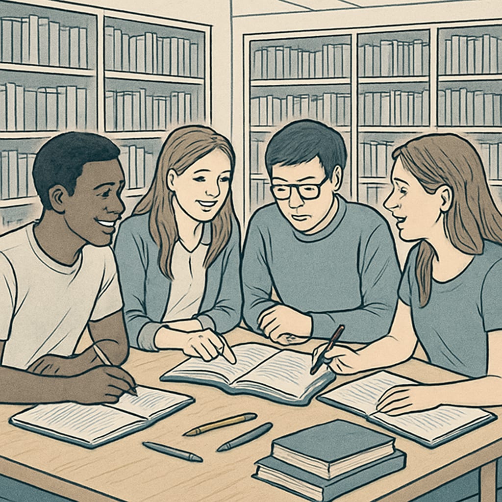 A group of students in a library, collaborating and discussing study materials. Students discussing OAE exam strategies in a study group.