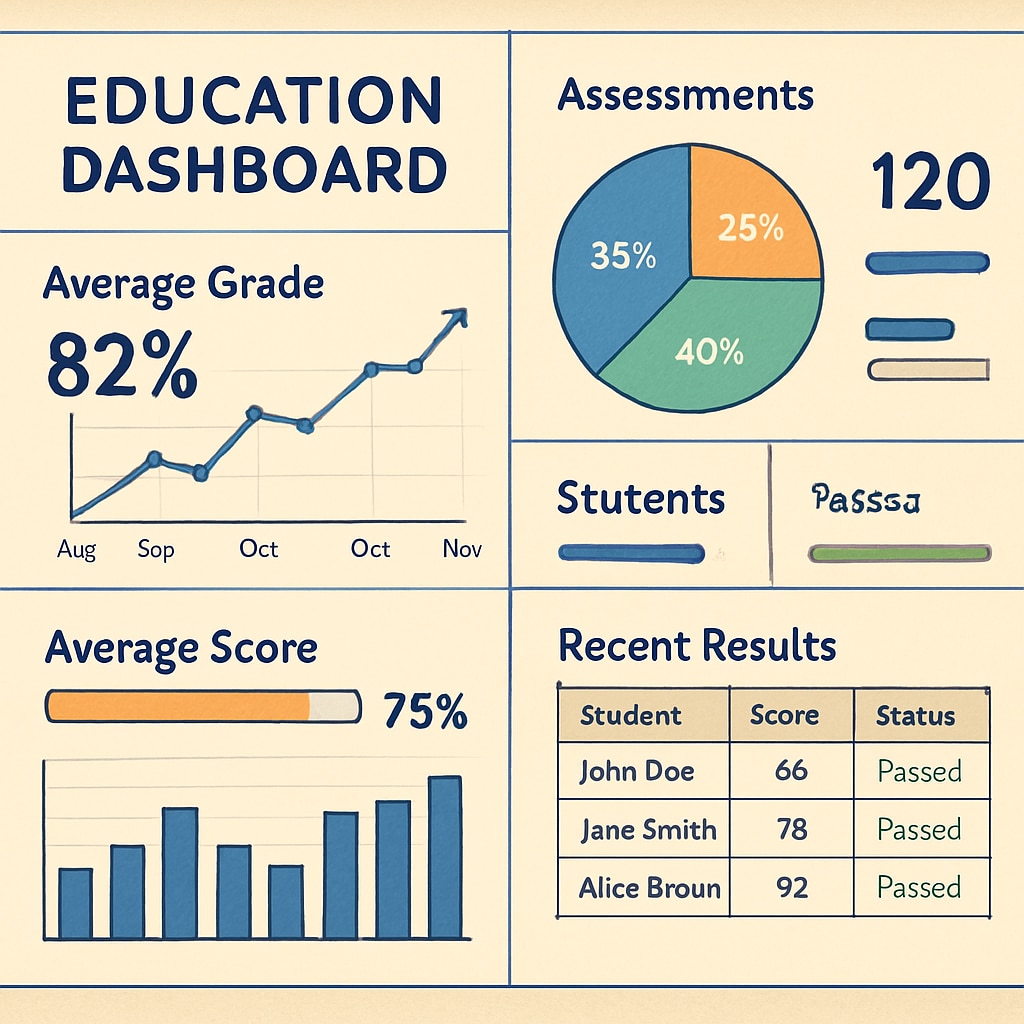 A professional dashboard displaying analytics and progress tracking for student assessments. A screenshot of a teaching tool's analytics dashboard for K12 assessments.
