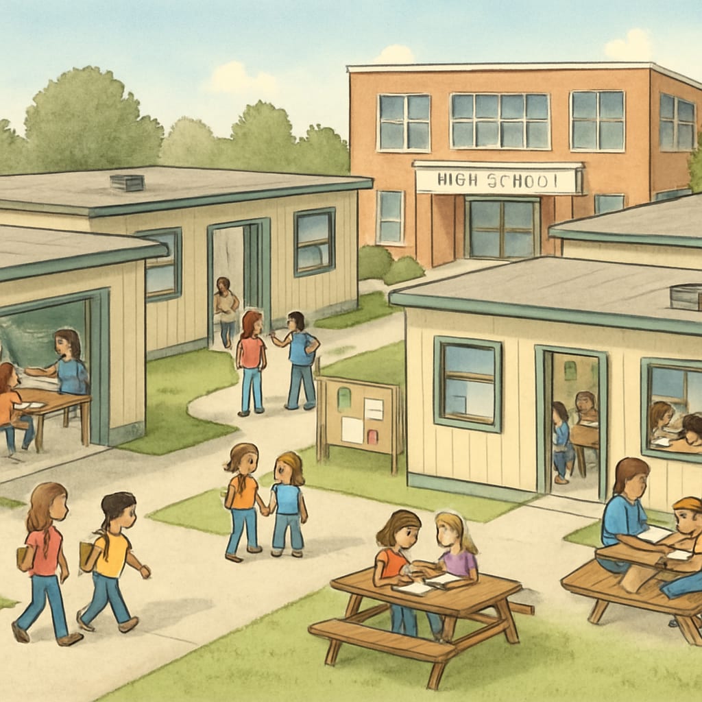 Temporary school relocation affecting elementary students' campus experience.
