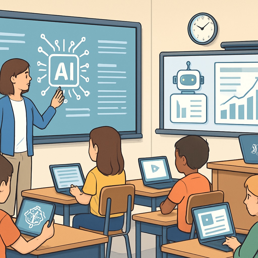 A classroom equipped with AI-powered learning tools, illustrating the integration of technology in traditional teaching. AI-powered tools in a classroom setting to demonstrate technology-enhanced learning.
