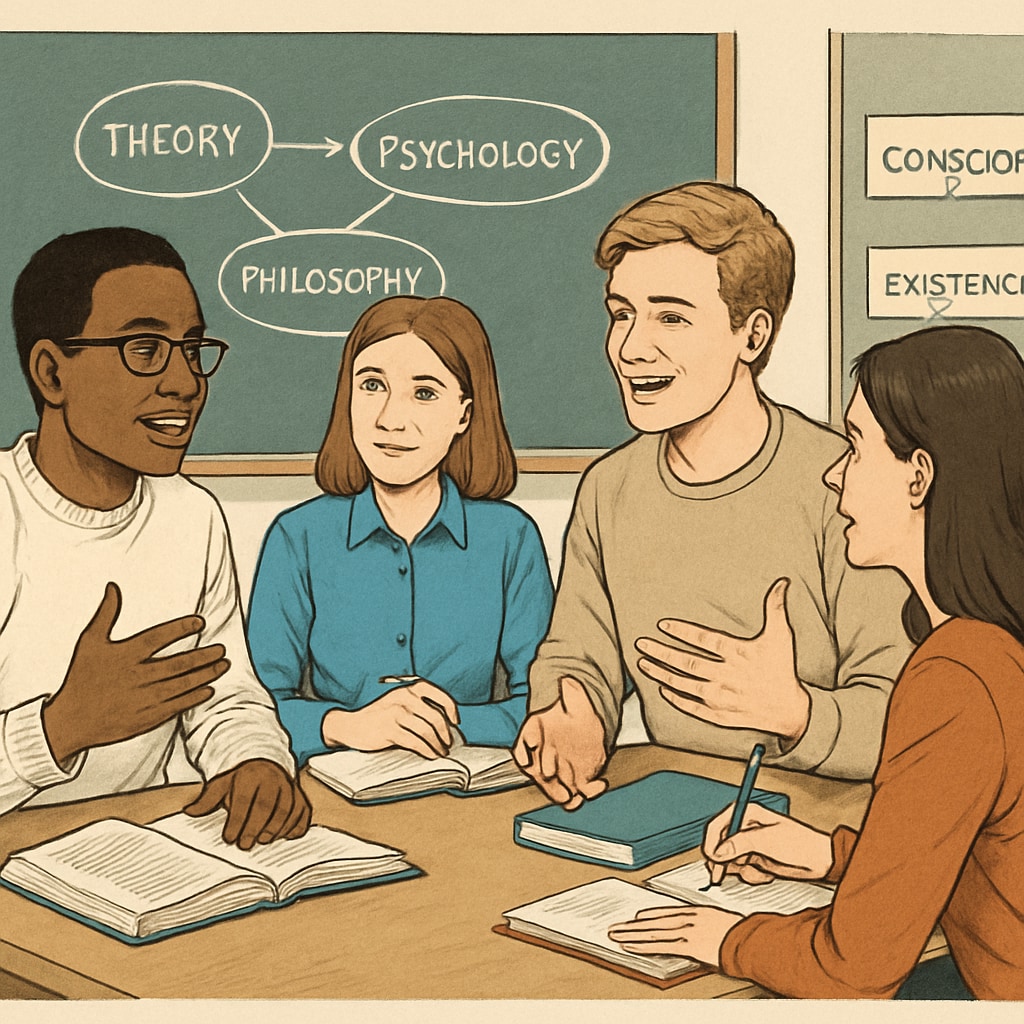 A classroom setting where students are engaged in a group discussion about psychological theories and philosophical ideas. Students discussing psychology and philosophy in a classroom environment.