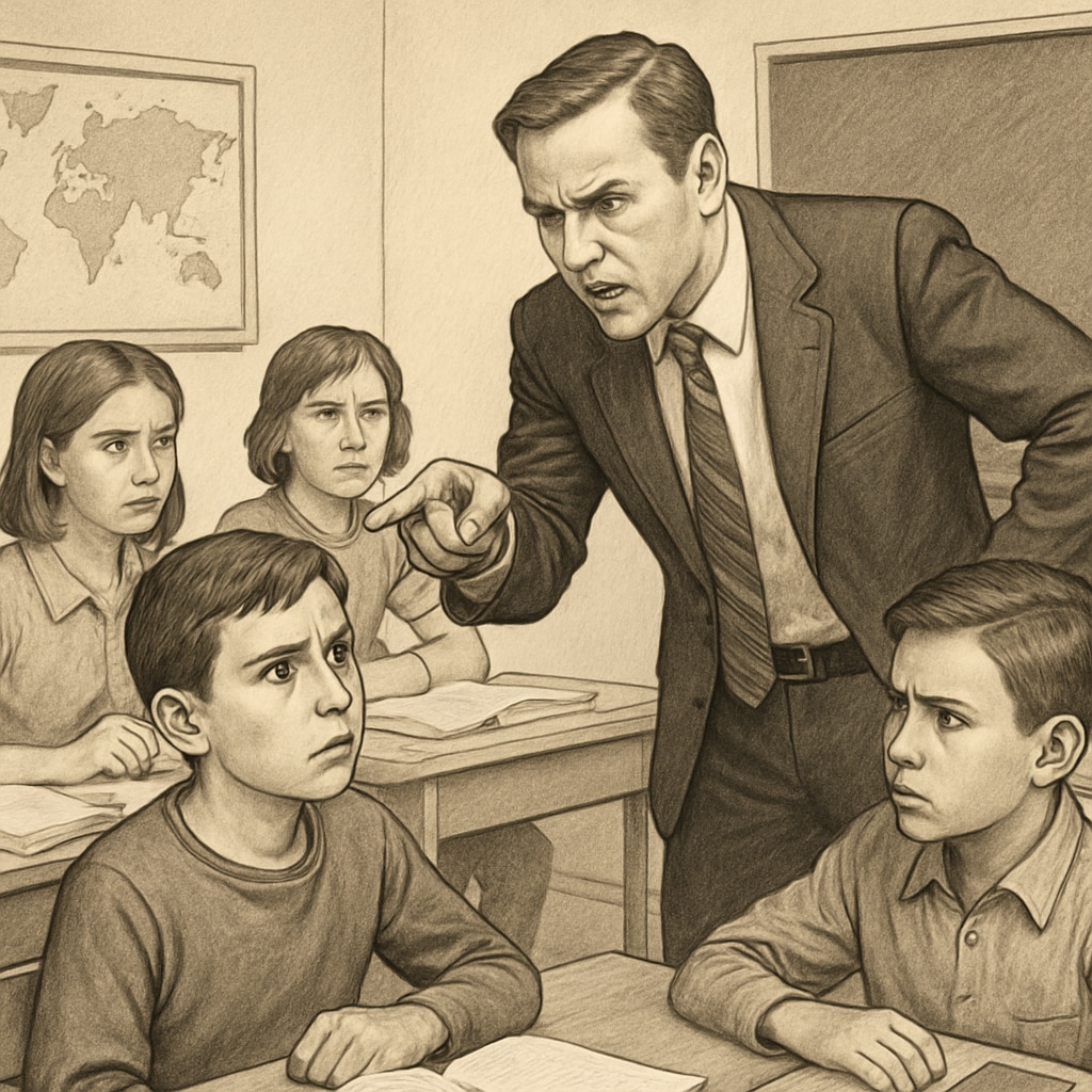 A classroom depicting an intense teacher-student interaction, symbolizing extreme education methods. Extreme education methods illustrated in a classroom scene.