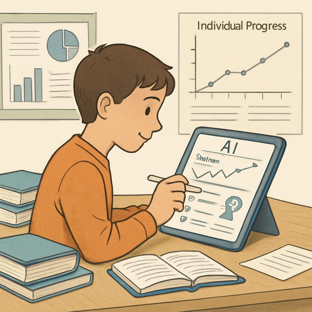 A student using a tablet with AI-based personalized learning software, demonstrating individualized progress tracking. A student working on personalized AI learning software in a classroom.